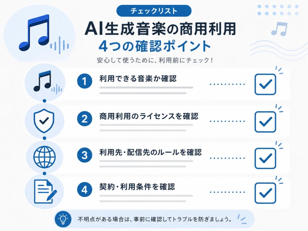 Suno AIで作った曲を商用利用する前に確認したい注意点を整理した図