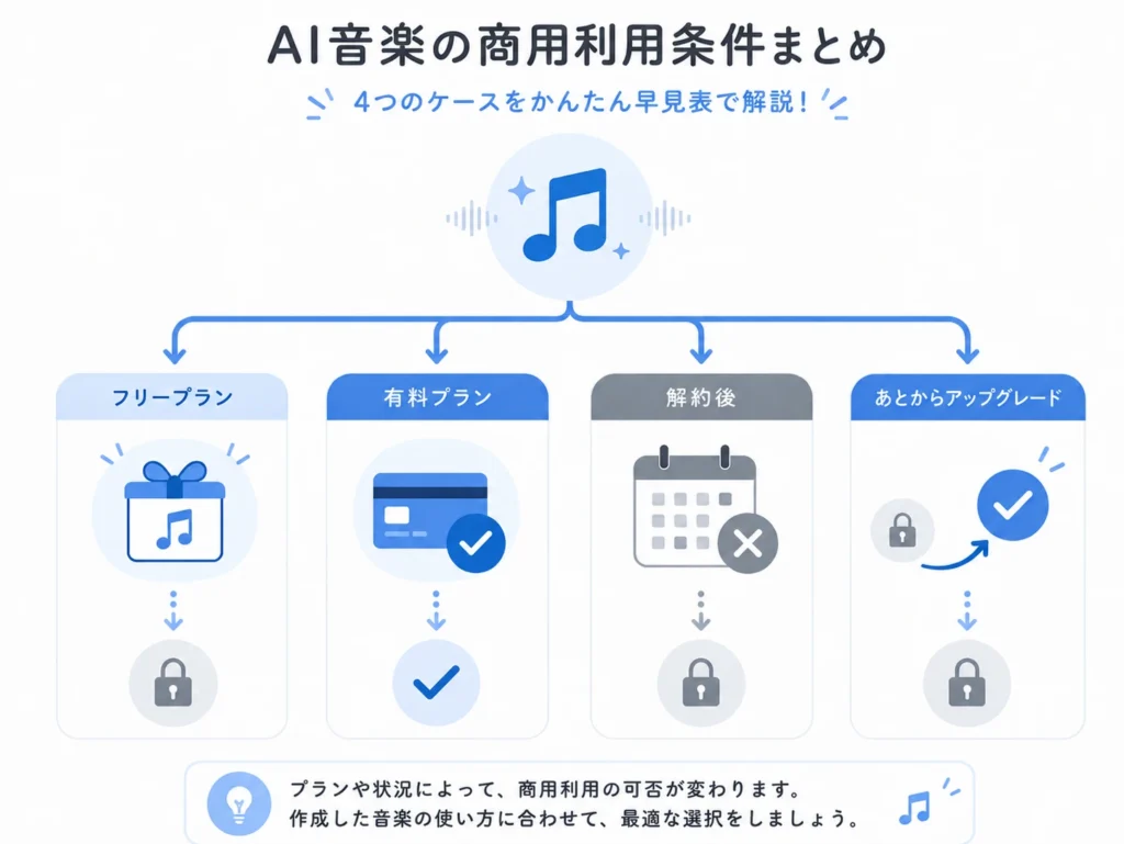 Suno AIの無料プランと有料プランで商用利用できる条件を整理した図
